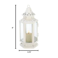8" White Metal Victorian Lantern with Floral Cutouts