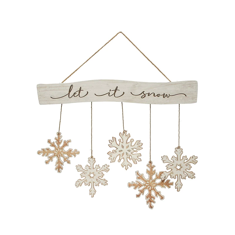 Hello Honey® 25.5" White & Brown Let It Snow Fir Wood Snowflake Wall Hanging
