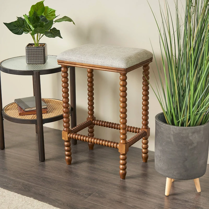 Brown Fabric Counter Stool with Wood Perle Legs & Beige Cushion
