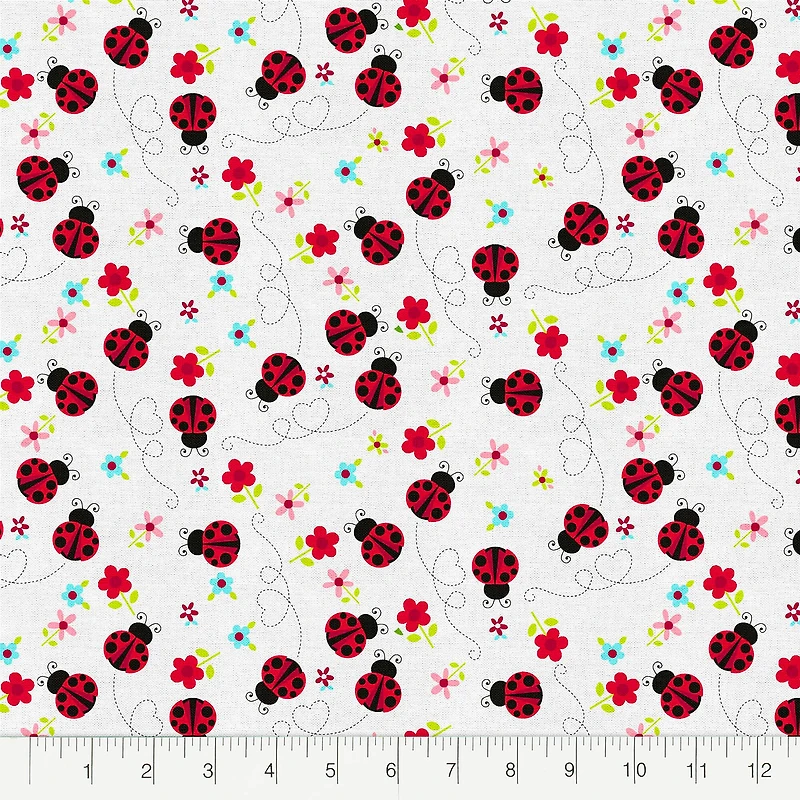 Fabric Editions White Ladybug Journey Cotton Fabric