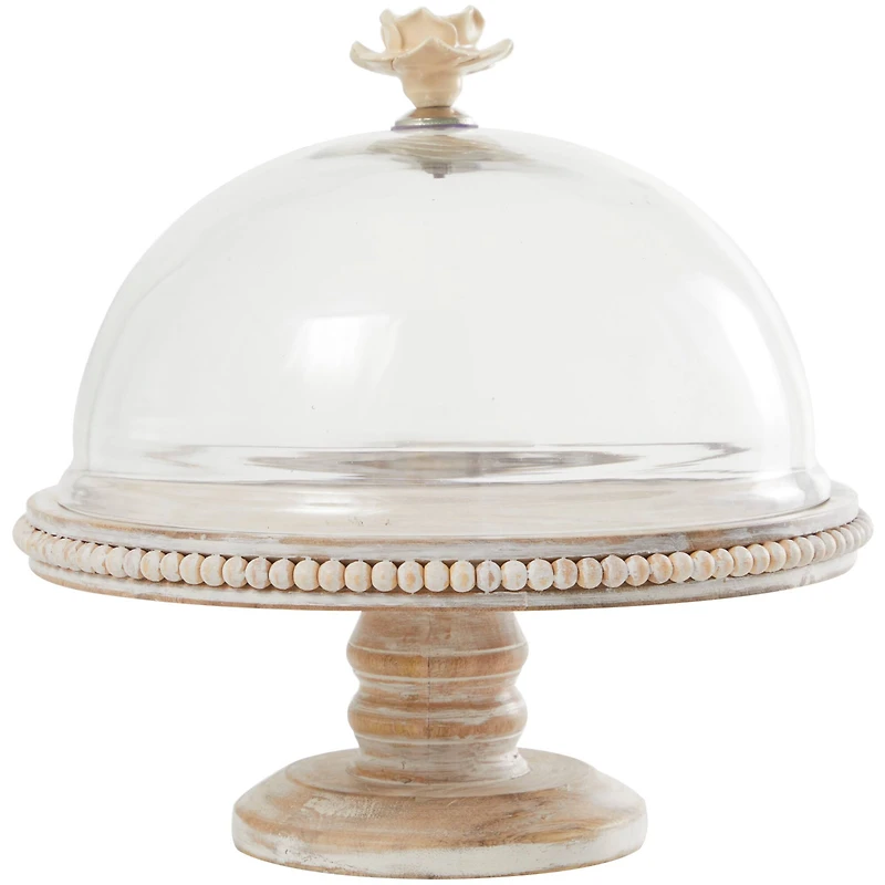 12.25" Cream Wood Cake Stand with Glass Dome Tabletop Décor