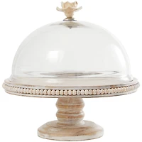 12.25" Cream Wood Cake Stand with Glass Dome Tabletop Décor