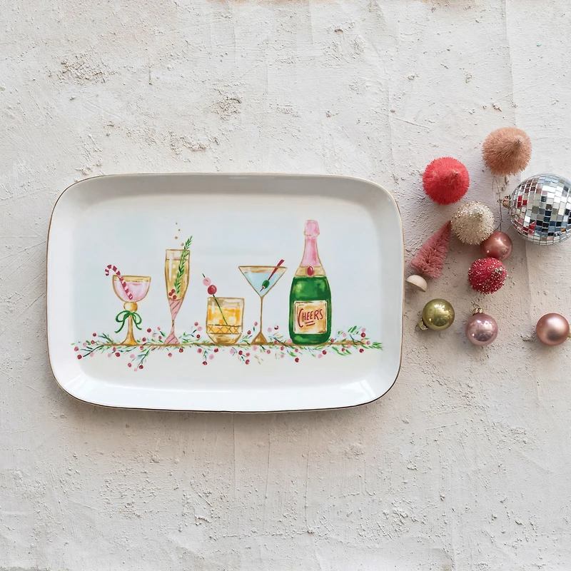 Hello Honey® 15" Stoneware Platter with Holiday Cocktails & Gold Electroplating