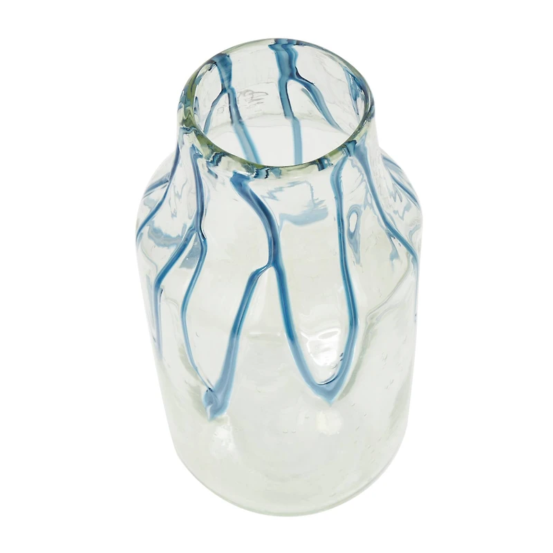 13" Cream with Wavy Blue Design Abstract Glass Vase