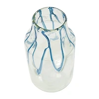 13" Cream with Wavy Blue Design Abstract Glass Vase