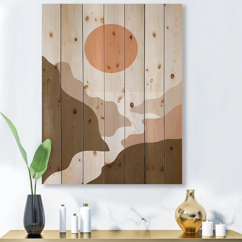 Designart - Lanscape With Full Moon In Terracotta Tones - Modern Print on Natural Pine Wood
