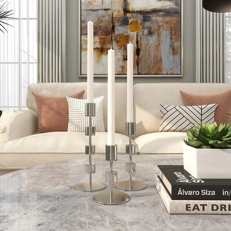 Silver Aluminum Floating Block Abstract Candle Holder with Rounded Base Set