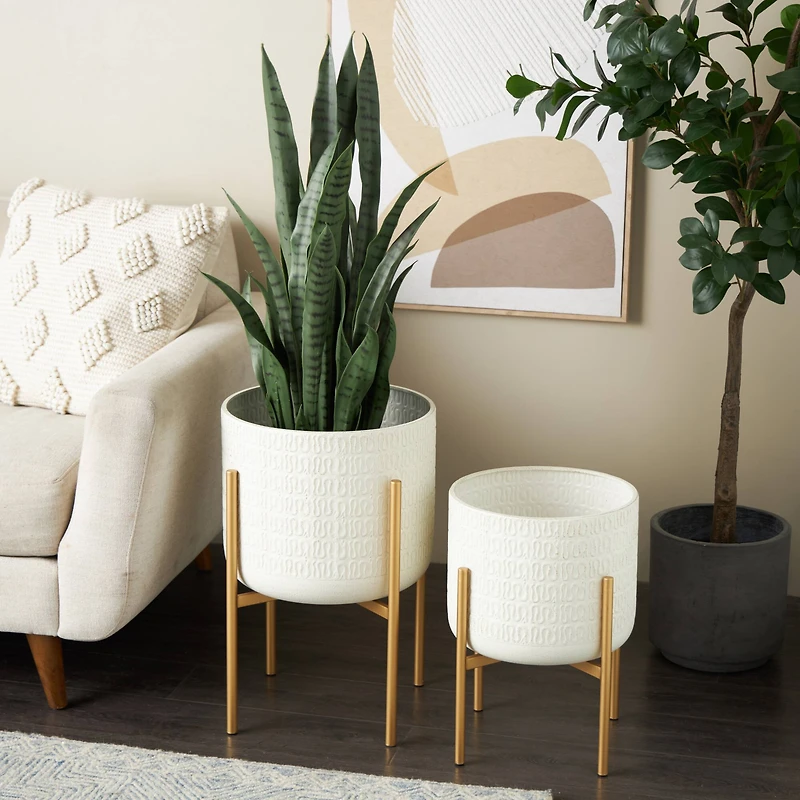 White & Gold Metal Dome Planter with Stand Set