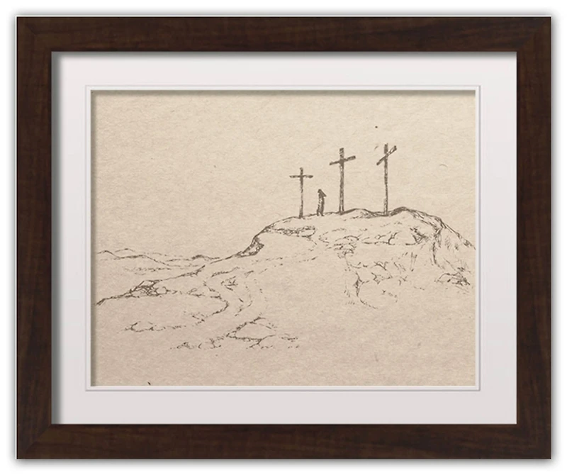 Crosses On Hill Sketch 6 16" x 20" Walnut Framed Print Under Plexiglass