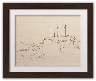 Crosses On Hill Sketch 6 16" x 20" Walnut Framed Print Under Plexiglass