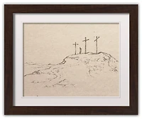 Crosses On Hill Sketch 6 16" x 20" Walnut Framed Print Under Plexiglass