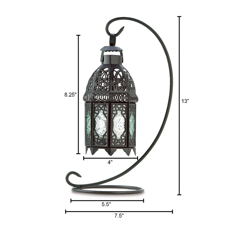 13" Curled Metal Stand with Black Moroccan Candle Lantern