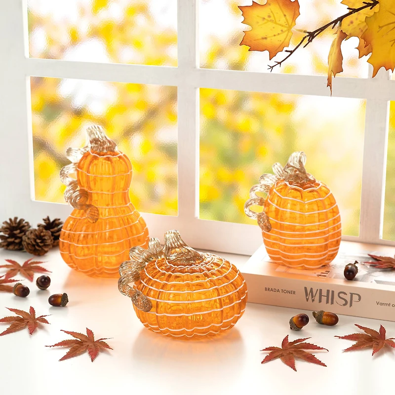 Glitzhome® Orange and White Lines Glass Pumpkin & Gourd Set