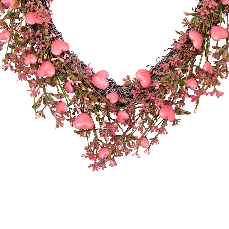 18" Pink Hearts & Rosebuds Artificial Heart Shaped Valentine's Day Wreath