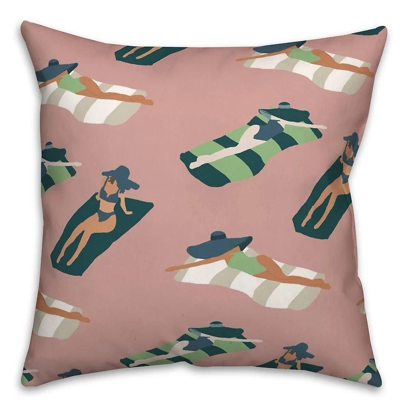 Pink Sun Bathers Pattern Throw Pillow