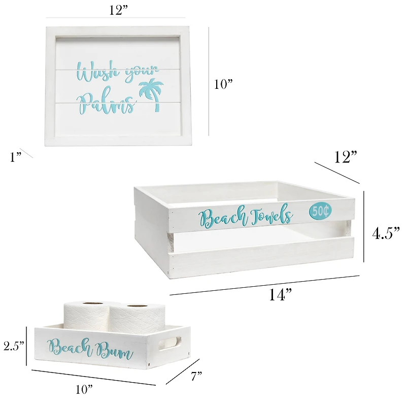 Elegant Designs Small White Wash Coastal Towel Holder, Frame & Toilet Paper Holder Set