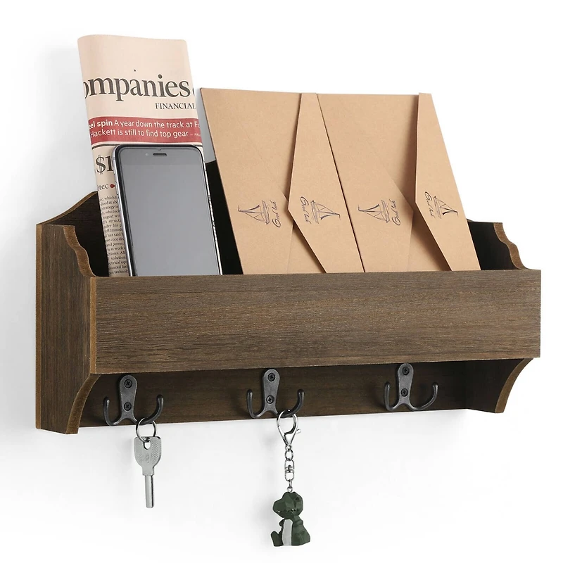 NEX™ Wooden Wall-Mounted Mail Sorter Hanging Rack with 3 Double Key Hooks