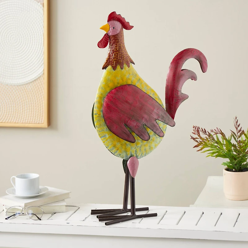 27.75" Red, Yellow & Black Textured Metal Rooster Garden Sculpture