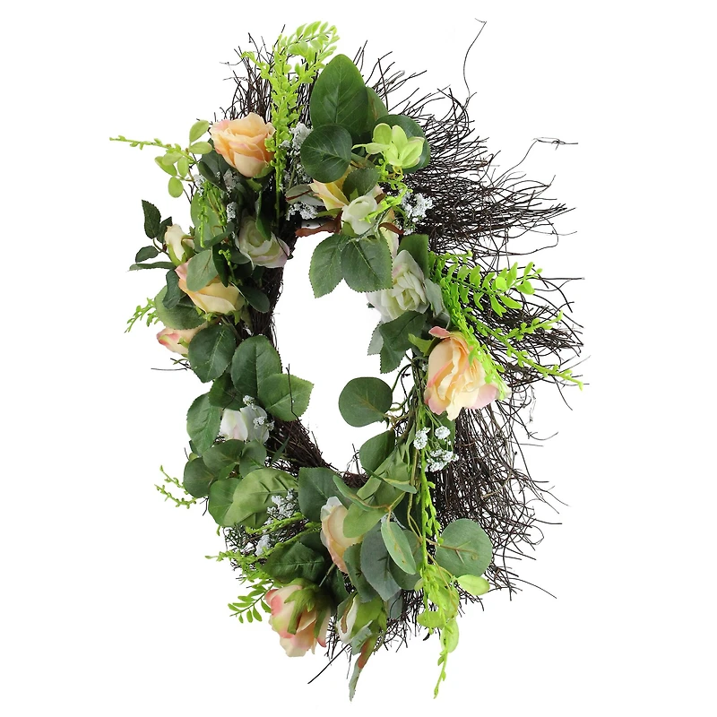 Rose and Foliage Artificial Spring Wreath - 24" Unlit