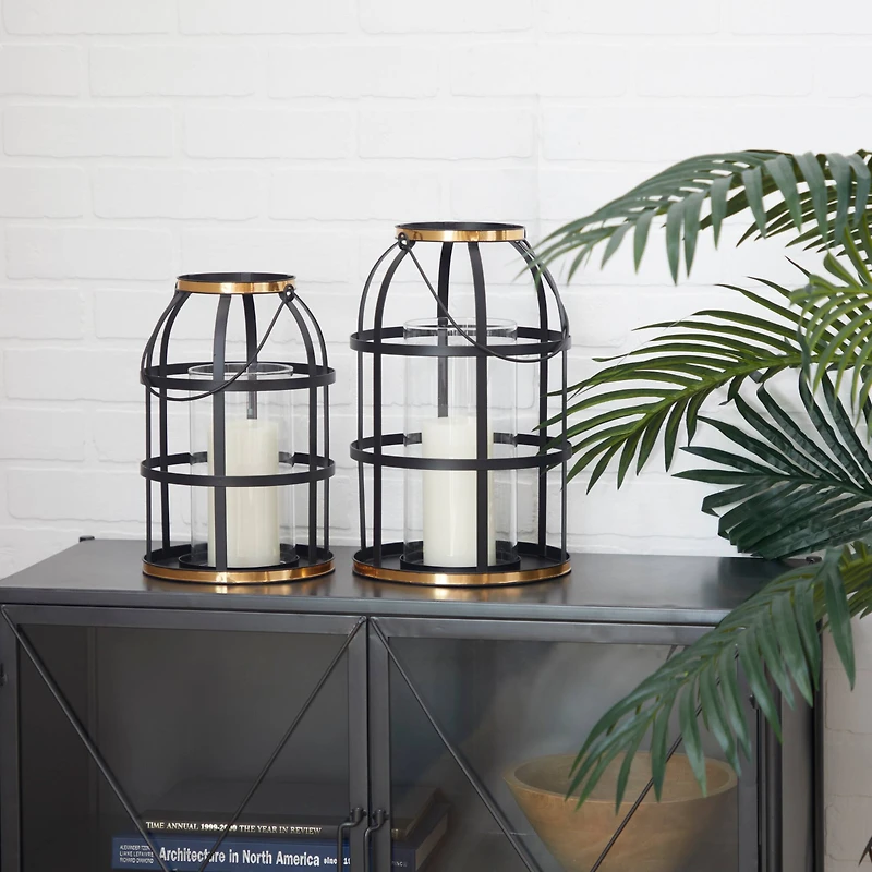 Set of 2" Black Metal Industrial Lantern , 14", 12"