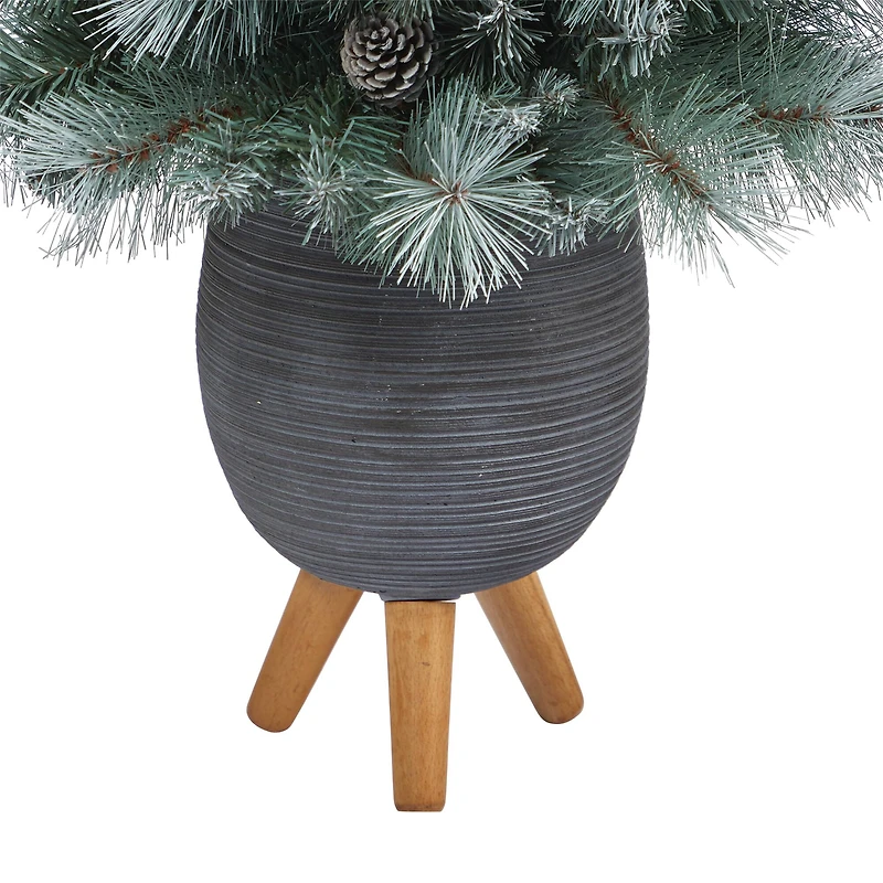3.5ft. Pre-Lit Frosted Tip British Columbia Mountain Pine Artificial Christmas Tree in Gray Tripod Planter, Clear Lights