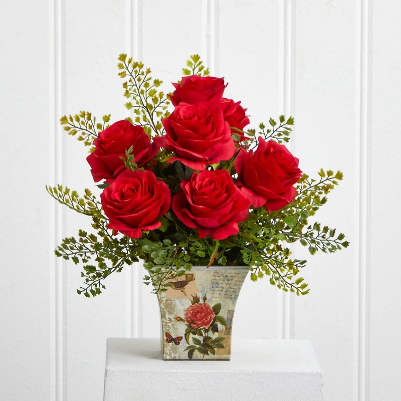 13" Red Rose & Maiden Hair Arrangement in Floral Planter