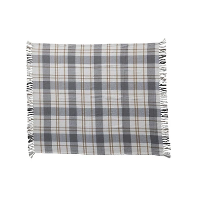 Hello Honey® Gray, Gold & White Plaid Brushed Cotton Flannel Throw with Fringe