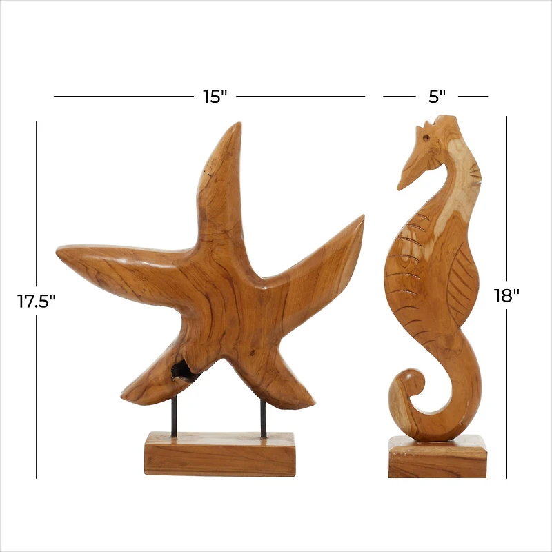 Set of 2 Brown Teak Wood Natural Sculpture 17", 18"