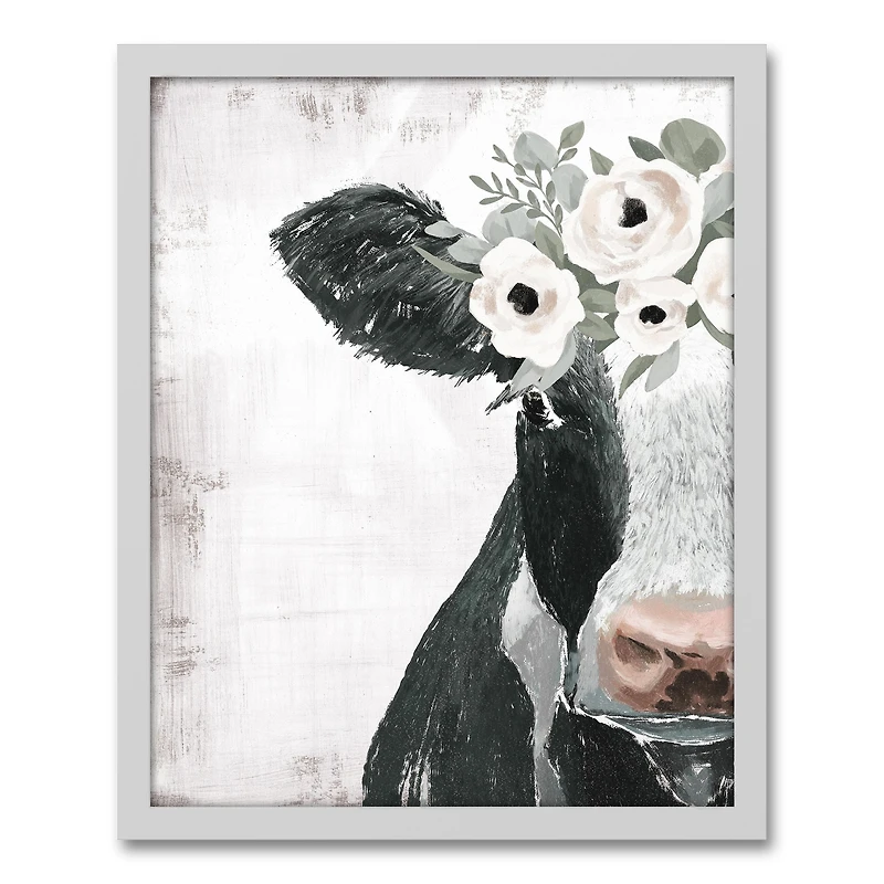 Chippy Farm Cow White Framed Canvas Wall Art