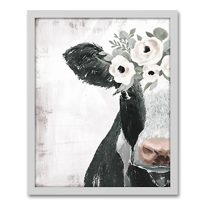 Chippy Farm Cow White Framed Canvas Wall Art