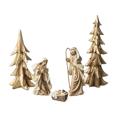 Glitzhome® 5-Piece Gold Resin Holy Family with Christmas Trees Set