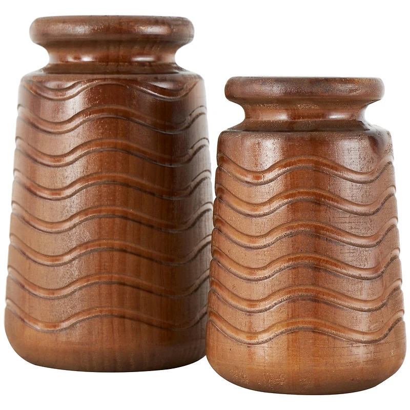 Brown Wood Vase with Carved Wavy Design Set