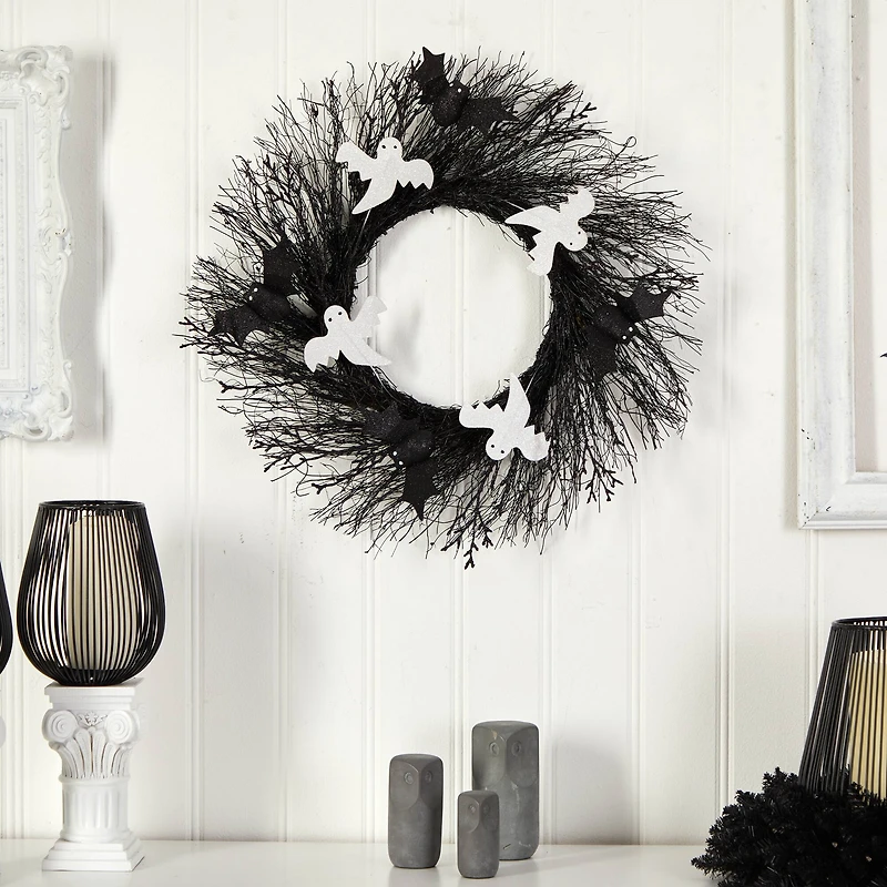 22" Halloween Ghost & Bats Twig Wreath