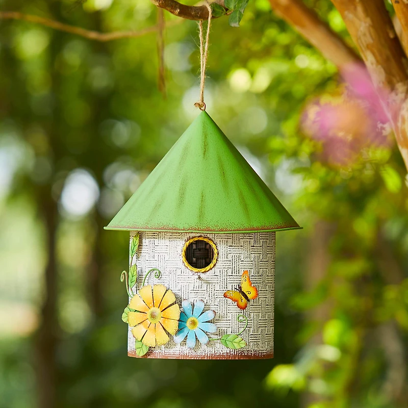 Glitzhome® 11" Distressed Metal Birdhouse with 3D Flowers & Butterfly