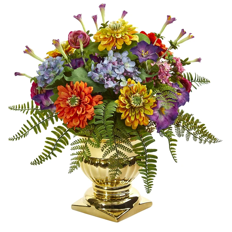 14" Mixed Floral Artificial Arrangement in Gold Urn
