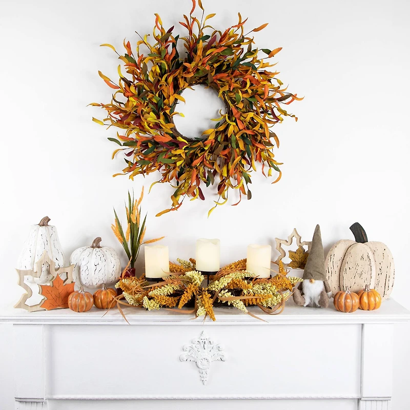 22" Autumn Harvest Triple Candle Holder with Artificial Fall Foliage