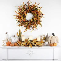 22" Autumn Harvest Triple Candle Holder with Artificial Fall Foliage