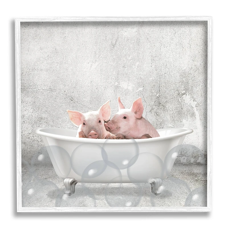 Stupell Industries Baby Piglets Bath Time Giclée Textured White Framed Wall Art