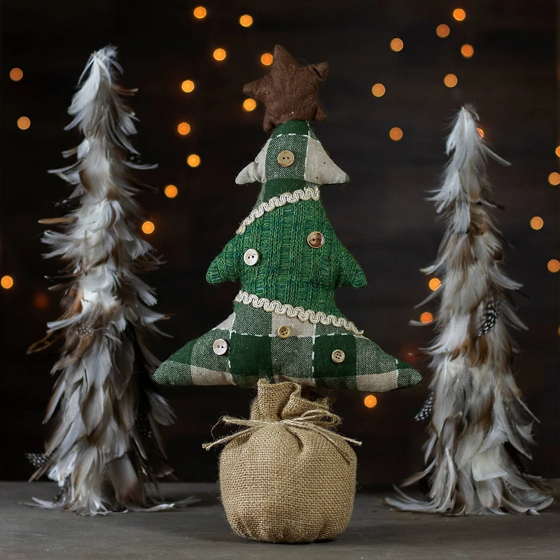 17.5" Tan & Green Rustic Multi-Fabric Standing Christmas Tree Tabletop Décor