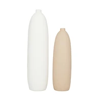 Set of 2 Beige Stoneware Contemporary Vase, 19" x 5" x 5"