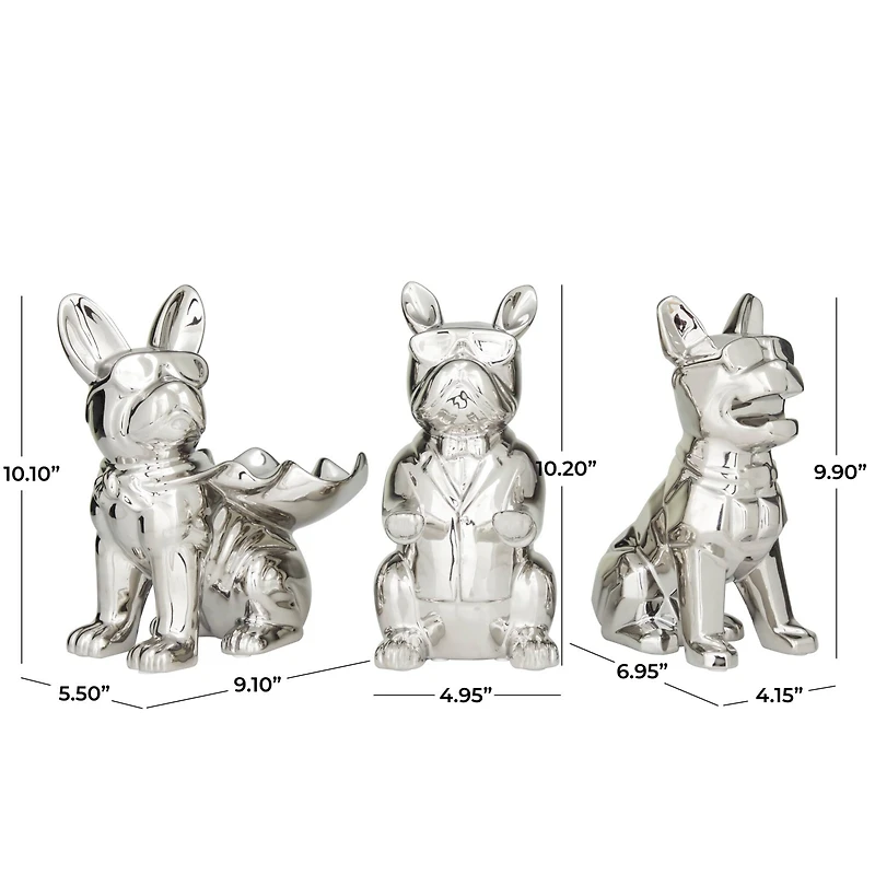 CosmoLiving by Cosmopolitan Silver Porcelain Bulldog with Sunglasses Sculpture Set
