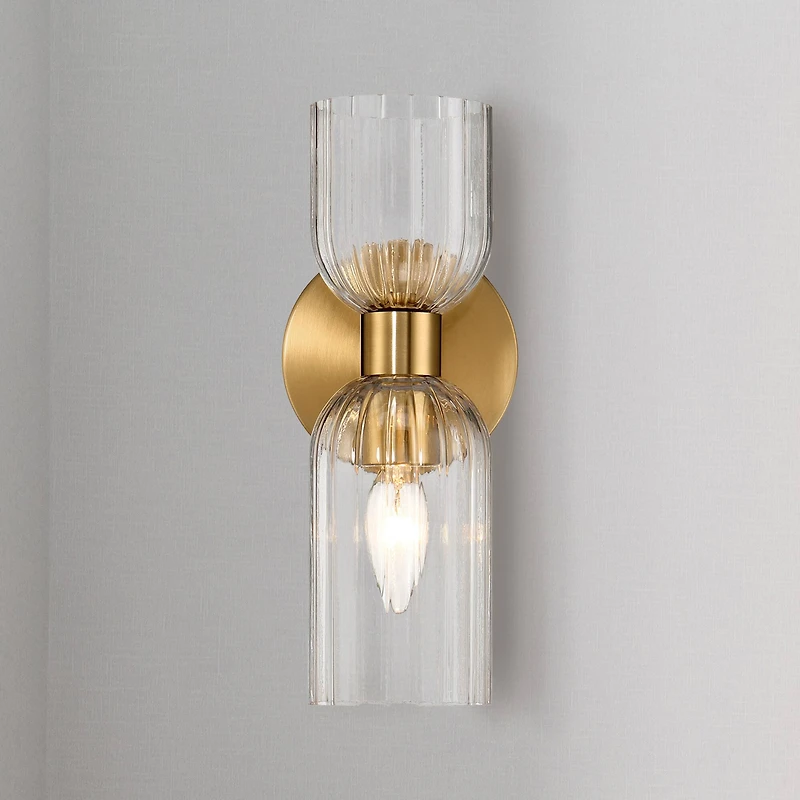 Hello Honey® Josephine Brushed Gold Mid-Century Modern Metal & Clear Ribbed Glass Wall Light