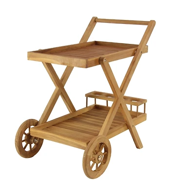 Brown Teak wood Traditional Outdoor Rolling Serving Cart, 32" x 32" x 21"