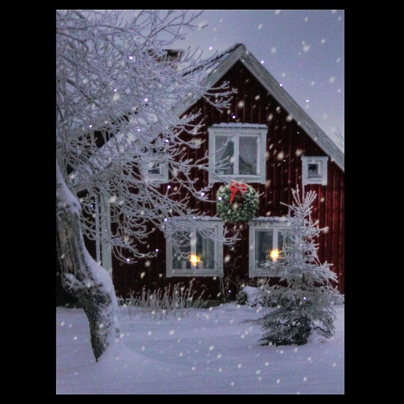 LED Lighted Red Snowy Barn House Christmas Wall Art
