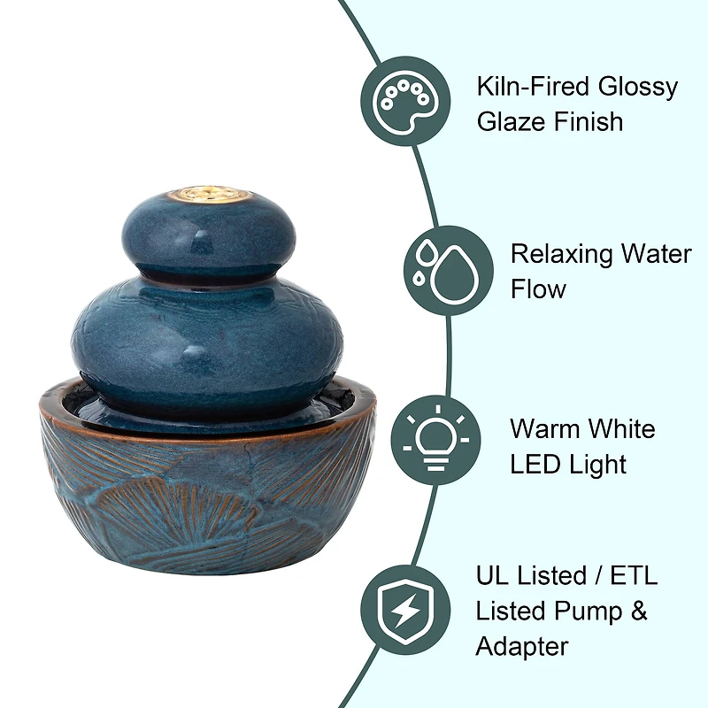 Glitzhome® 8.75" LED Turquoise Leaf Textured Ceramic Tabletop Fountain