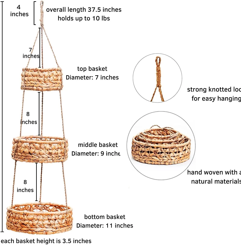 NEX™ 3-Tier Natural Kitchen Fruit Storage Wicker Baskets