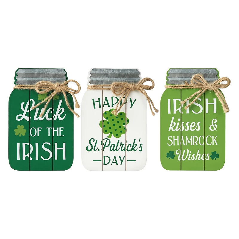 Glitzhome® 7" Set of 3 St. Patrick's Wooden Mason Jar Table decor