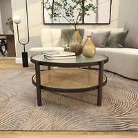 34" Brown Rattan Coffee Table with Pressed Tempered Glass Top