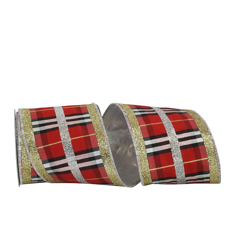 JAM Paper 4" x 5yd. Dupioni Wired Edge Nutcracker Glitter Plaid Ribbon