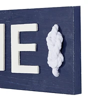 Coastal Blue and White Wood and Metal Welcome Sign, 6" x 32" x 2"